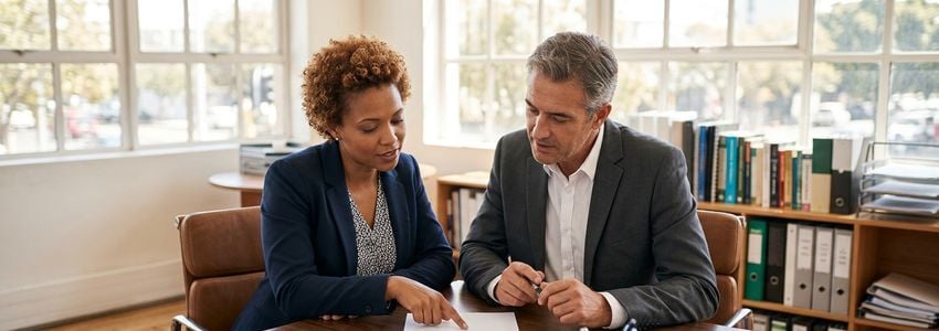 Small business owner reviewing a certificate of insurance and vendor contract documents with an insurance broker in a bright office