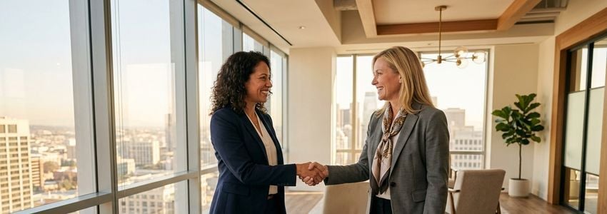 Small business owner reviewing a vendor termination contract with a financial advisor in a modern office
