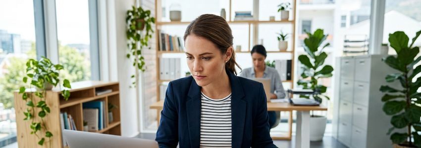Small business owner reviewing a vendor deposit invoice and new contract paperwork at a desk with a laptop