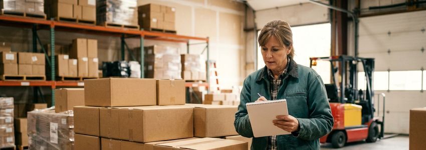 Small business owner reviewing a bulk inventory order in a warehouse with a supplier invoice