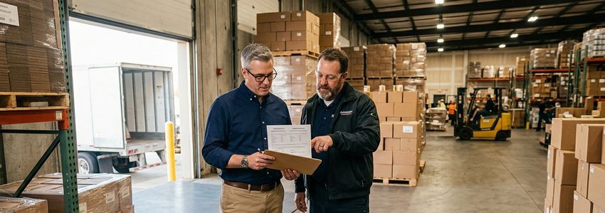 Small business owner reviewing a vendor invoice and financing paperwork in a warehouse office
