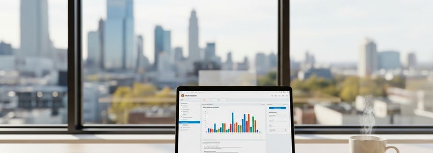 Professional business office desk with laptop showing analytics dashboard and documents representing vendor trade credit management
