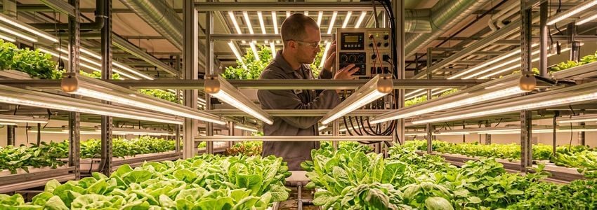 Technician adjusting LED grow light controls above vertical farming crop racks