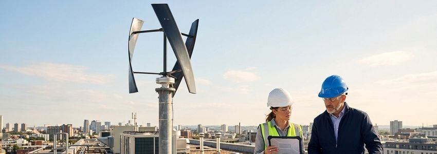 Business owner and technician reviewing a vertical wind turbine installation plan at a commercial facility