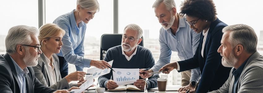 Veteran entrepreneurs reviewing business loan options in a professional meeting