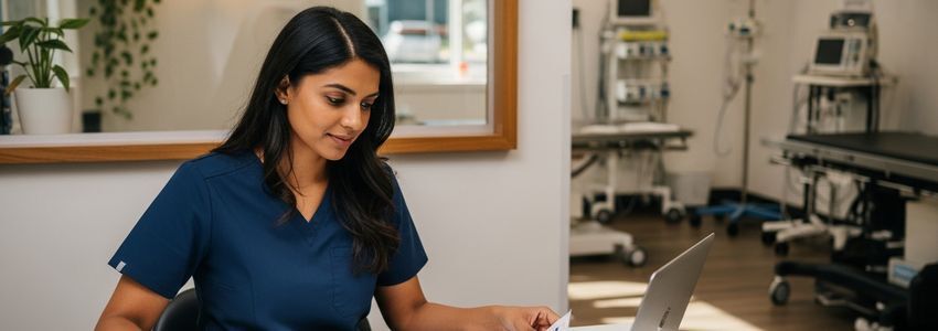 Veterinarian reviewing business financing documents at a veterinary clinic desk