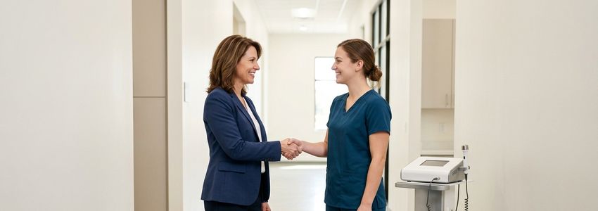 Veterinary practice owner and technician discussing laser therapy equipment financing near a therapeutic laser unit