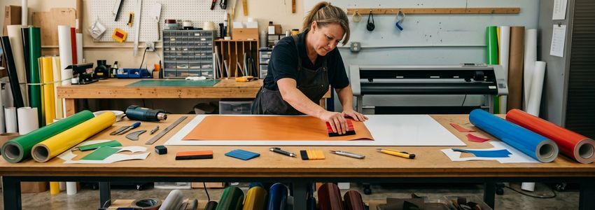 Sign shop owner operating a large-format vinyl printer and cutter in a commercial print production facility