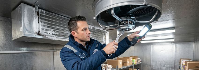 Refrigeration technician inspecting an evaporator fan inside a commercial walk-in cooler