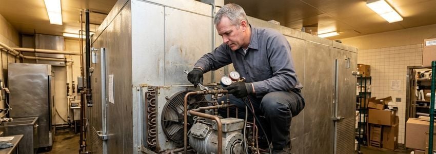 A refrigeration technician using diagnostic gauges to repair a commercial walk-in freezer compressor unit