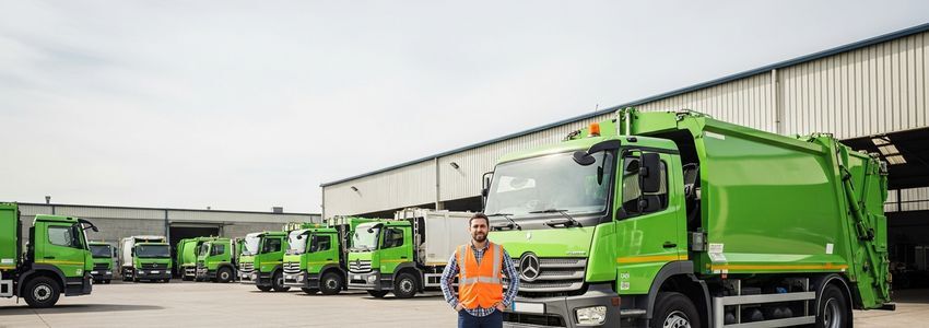 Waste management business owner reviewing financing options with fleet trucks in background