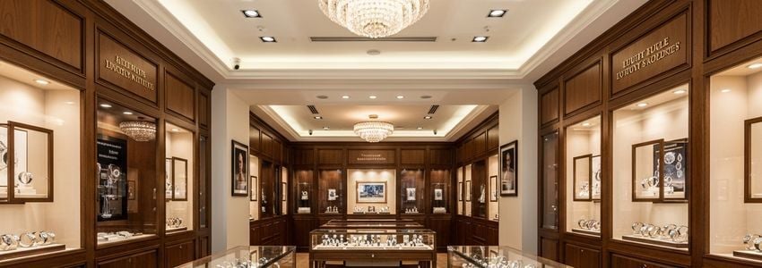Watch repair shop interior with luxury watch display cases - financing options for watch repair businesses