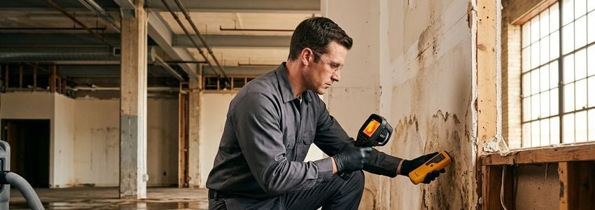 Restoration technician operating industrial dehumidifiers and air movers inside a water-damaged commercial building
