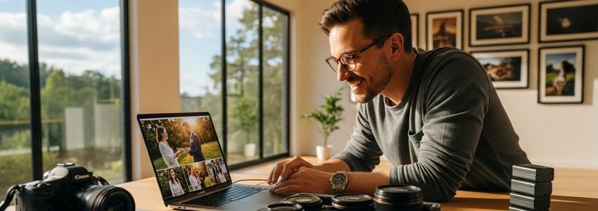 Wedding photographer reviewing business financing options on a laptop in a modern studio