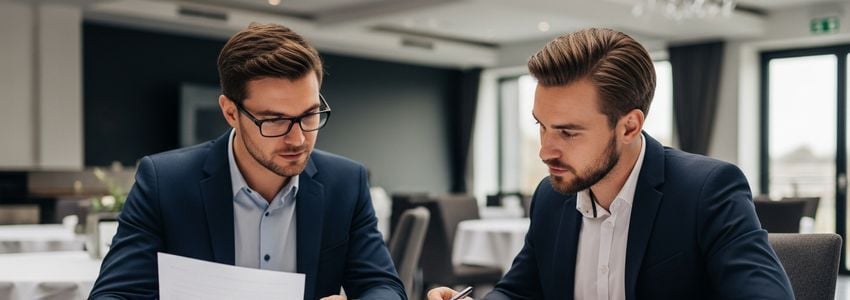 Wedding venue owner reviewing business loan documents and renovation plans with a financial advisor