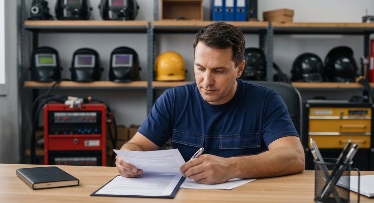Welding business owner reviewing loan documents at desk with welding equipment visible in background