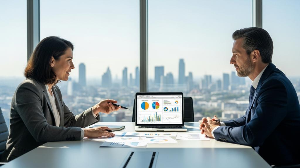 Business owner and financial advisor reviewing line of credit options and financial charts in a modern office