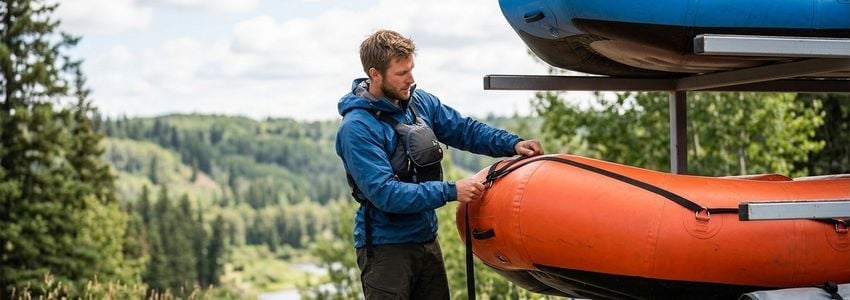 Rafting guides loading inflatable rafts and safety gear onto a trailer at an outfitter base near a river