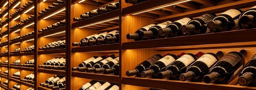 Wine cellar with wooden wine racks and bottles in warm ambient lighting at a wine bar