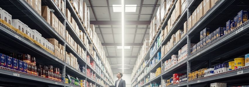Business owner reviewing premium inventory in a commercial warehouse for working capital loan planning