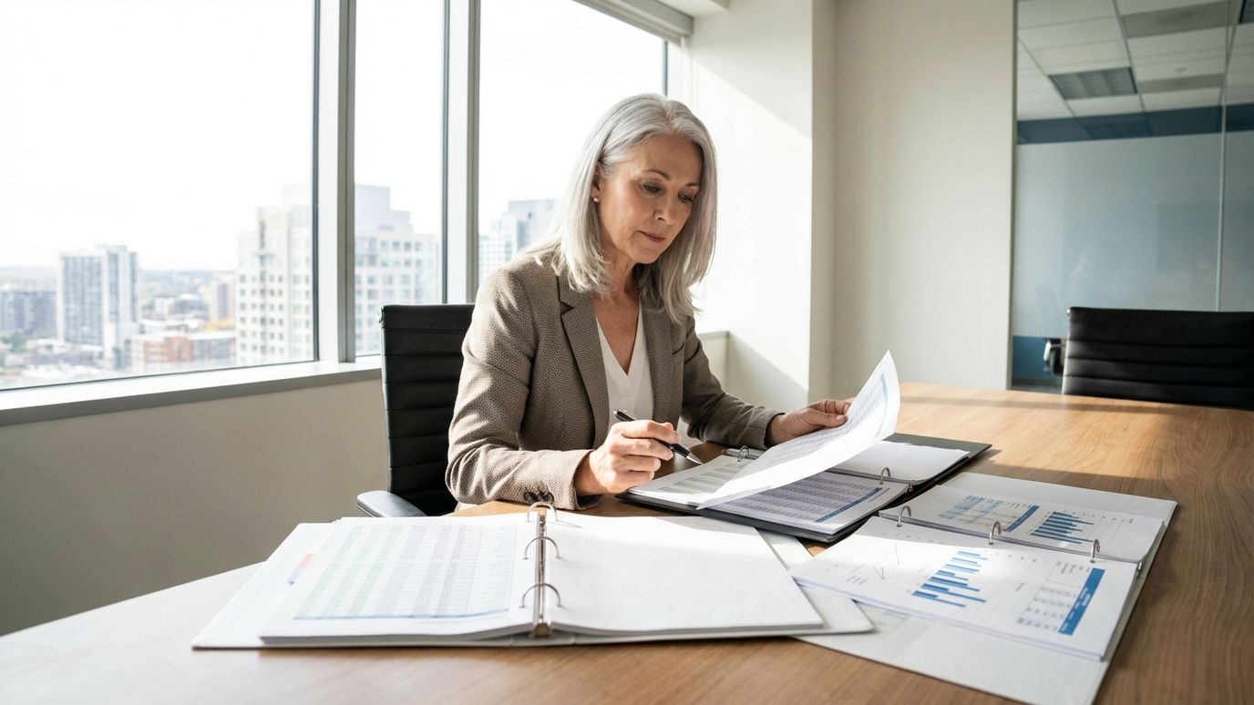 Business owner reviewing working capital line of credit documents with a financial advisor at a modern office desk