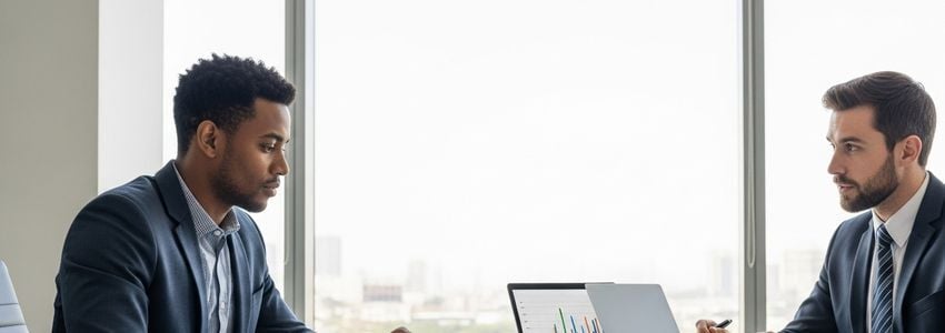 A small business owner and financial advisor reviewing working capital loan documents in a professional office setting