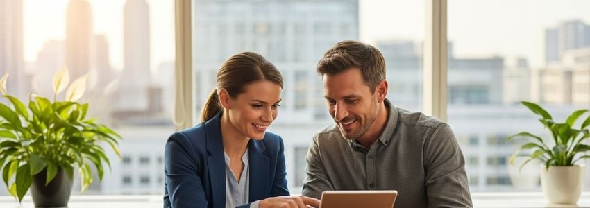 Business professionals reviewing loan options for a 650 credit score at a modern office