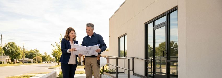 Business owner and contractor reviewing blueprints next to a newly installed accessible entrance ramp during an ADA compliance retrofit
