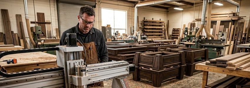 A craftsman inspecting a slate cutting saw and CNC router in a billiard table manufacturing workshop