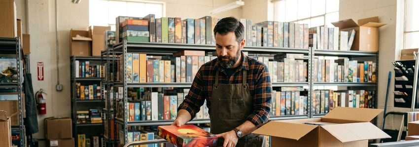 Board game store owner reviewing inventory boxes and restocking shelves in a hobby retail shop