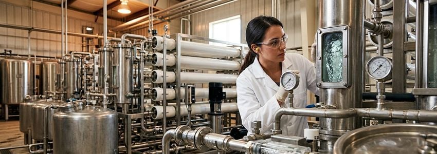 Business owner reviewing bottled water production equipment financing paperwork on a modern bottling production floor