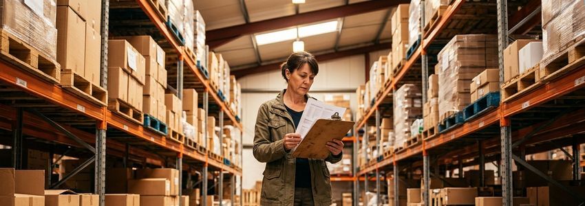 Small business professional reviewing shipping and distribution paperwork in a warehouse