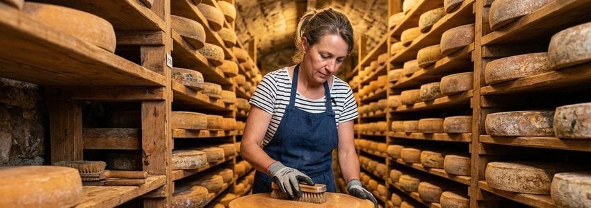 Cheese aging facility worker inspecting wheels of cheese on wooden racks in a climate-controlled cave