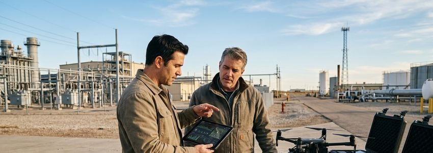 Drone operator inspecting industrial infrastructure with a commercial UAV fleet