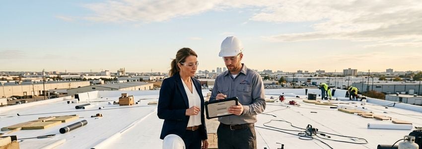 Business owner reviewing a commercial roof inspection report with a roofing contractor on a rooftop