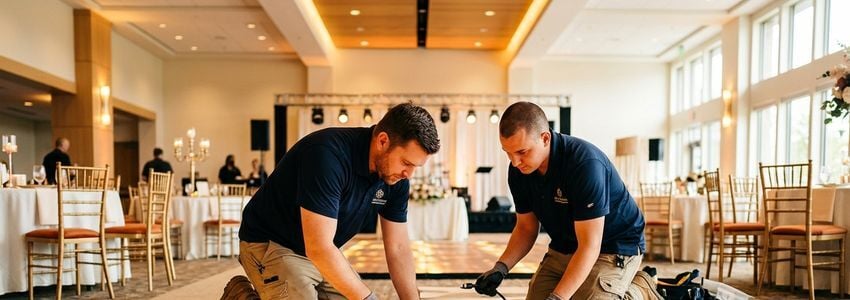 Event rental business owner inspecting portable dance floor panels in a warehouse