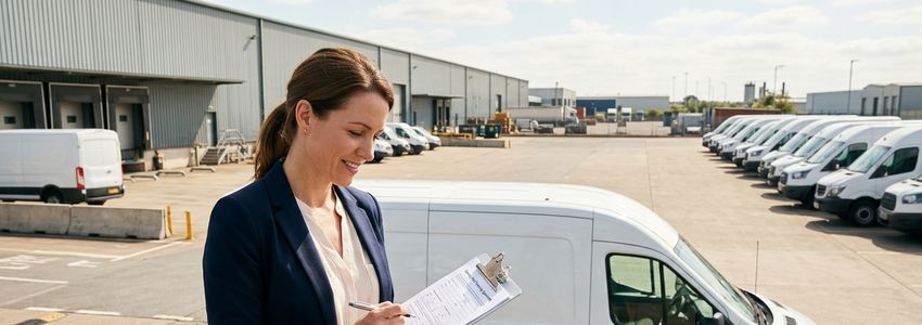 Small business owner reviewing delivery fleet financing paperwork next to commercial delivery vans at a logistics depot