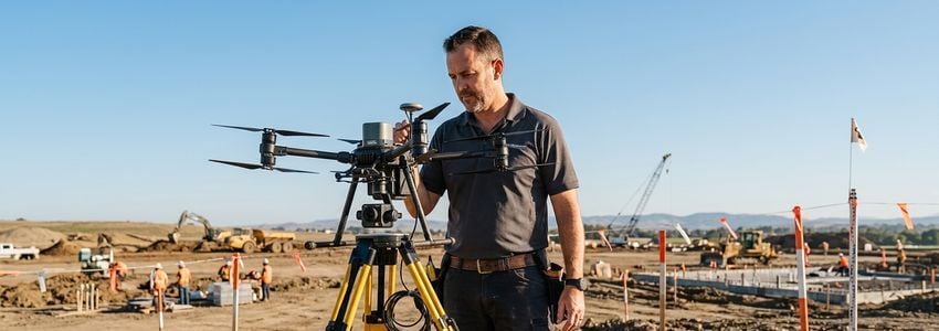 Drone surveyor at a construction site holding a controller with a mapping drone and GPS survey tripod visible nearby