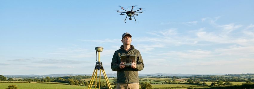 Drone surveyor operating a mapping drone with a GPS tripod survey station in an open field
