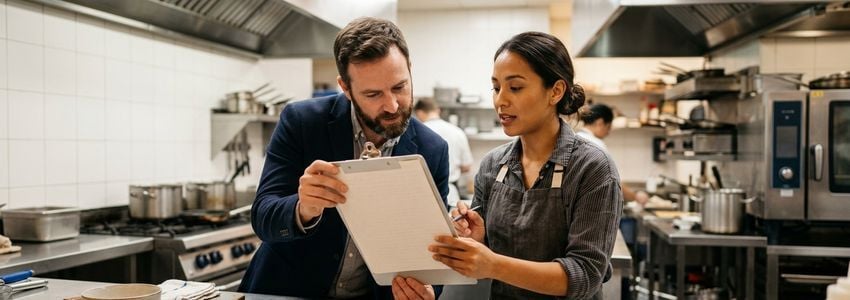 Food hall vendor and financing advisor reviewing a stall buildout equipment list in a commercial kitchen