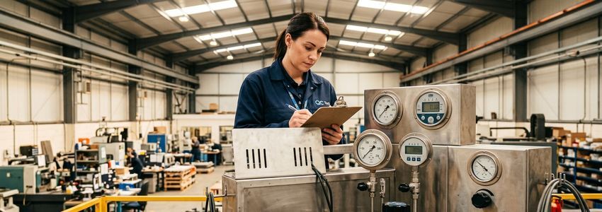 Calibration technician inspecting industrial measurement equipment in a manufacturing facility