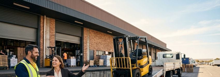 Warehouse team reviewing a replacement forklift delivery at a commercial loading dock
