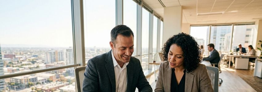 Small business owner reviewing a commercial lease renewal document with a financing advisor in a modern office