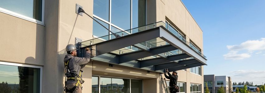 Contractor installing a new commercial storefront awning on a retail building