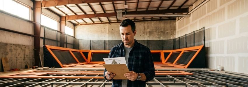 Business owner reviewing trampoline dodgeball court construction plans with a contractor inside a partially built indoor entertainment facility