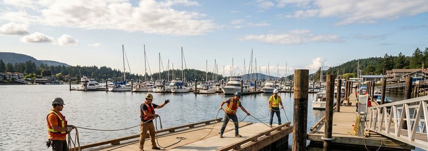 Marine construction crew installing a new floating dock section at a marina during a slip expansion project