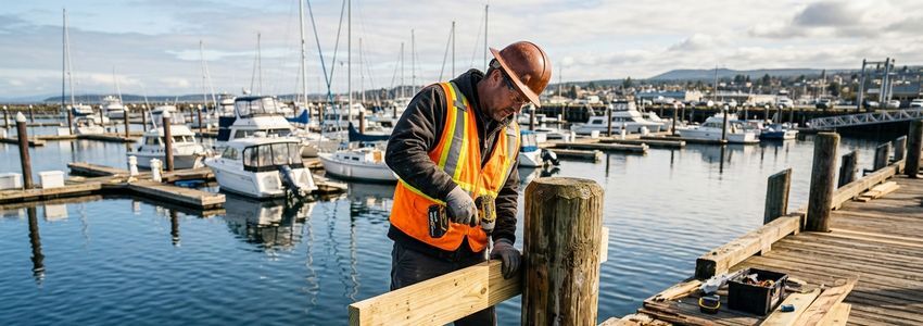 Marine contractor repairing a storm-damaged dock piling at a marina with boats and water in the background