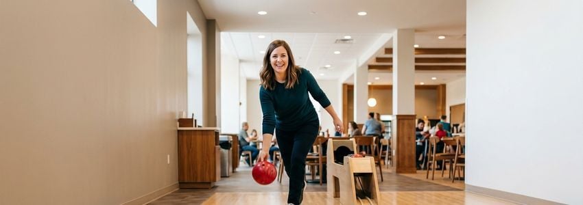 Bar owner and installer reviewing a compact mini bowling lane installation in a commercial venue
