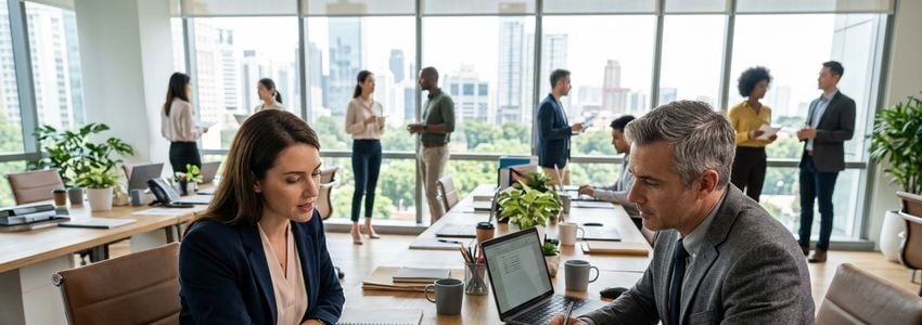 Small business owner reviewing payroll compliance paperwork with an HR consultant in a modern office