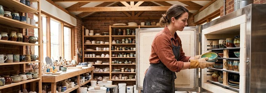 Pottery studio owner reviewing financing paperwork near a commercial kiln in a working ceramics studio